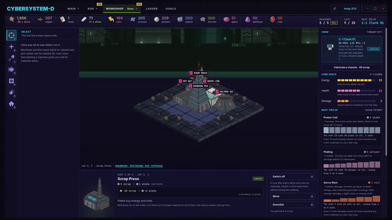 The base: an isometric workshop with a scrap press, wafer line, polymer vat and other machines, material counts along the top and bot upgrades on the right.